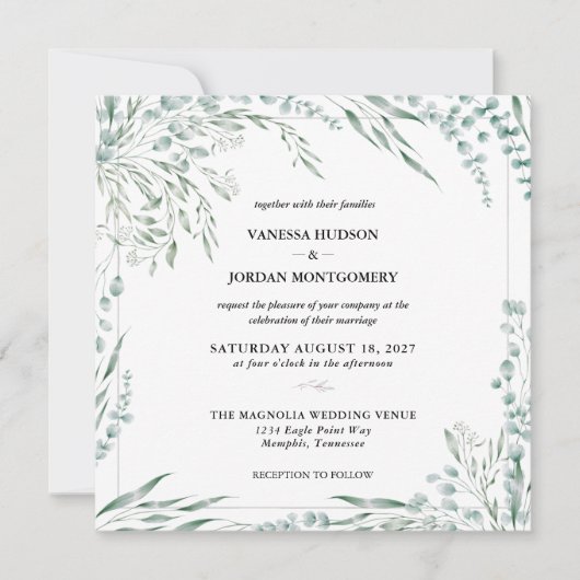 Invitation Élégant Mariage Eucalyptus (Devant)