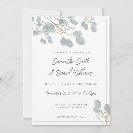 Invitation Elégant Mariage Eucalyptus aquarelle (Devant)