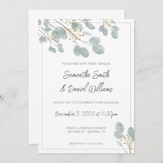 Invitation Elégant Mariage Eucalyptus aquarelle (Devant / Derrière)