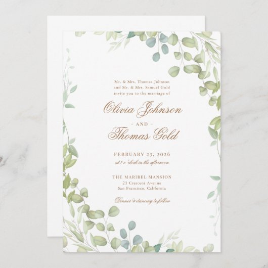 Invitation Élégant Mariage Eucalyptus classique verdure (Devant / Derrière)