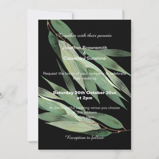 INVITATION ÉLÉGANT MARIAGE EUCALYPTUS NOIR VERT SAGE (Devant)