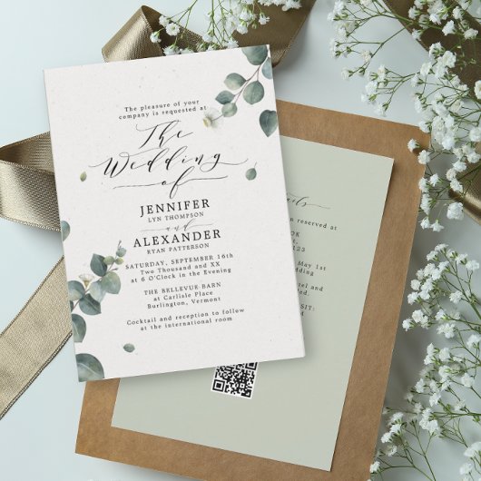 Invitation Elégant Mariage Eucalyptus tout en un RSVP QR Code