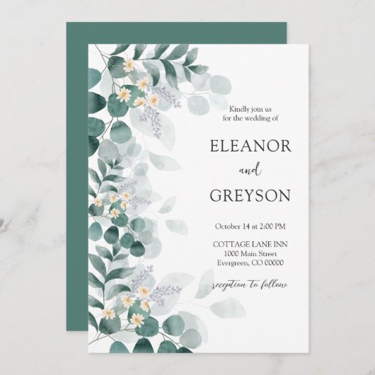 Invitation Elégant Mariage Eucalytus moderne aquarelle (Devant / Derrière)