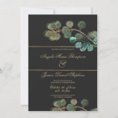 Invitation Élégant mariage feuille d'eucalyptus vert or noir (Devant)