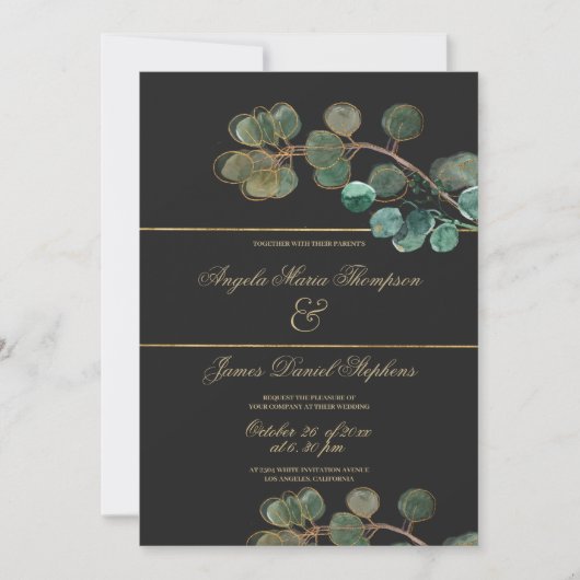 Invitation Élégant mariage feuille d'eucalyptus vert or noir (Devant)