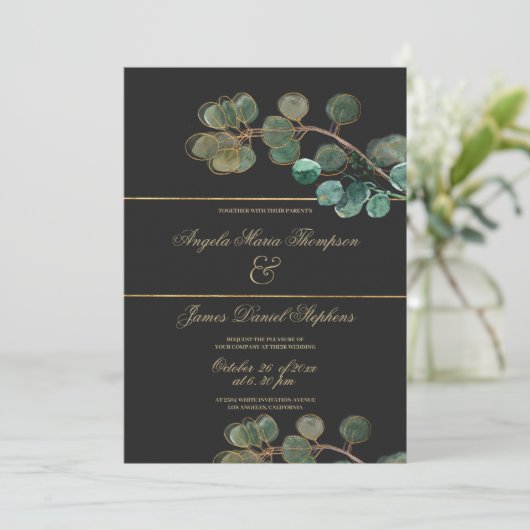 Invitation Élégant mariage feuille d'eucalyptus vert or noir (Debout devant)