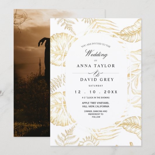 Invitation Élégant Mariage Fleur Blanche Or (Devant / Derrière)