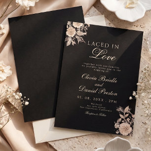 Invitation Élégant Mariage Fleur de Dentelle Noir Or Rose