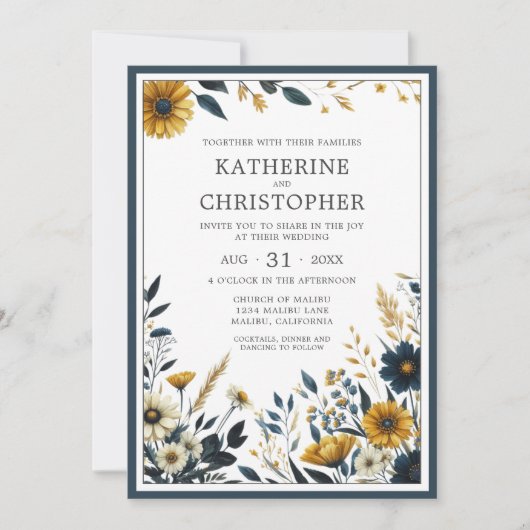 Invitation Élégant Mariage Fleur sauvage bleu jaune (Devant)
