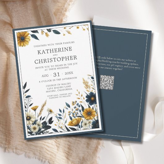 Invitation Élégant Mariage Fleur sauvage bleu jaune