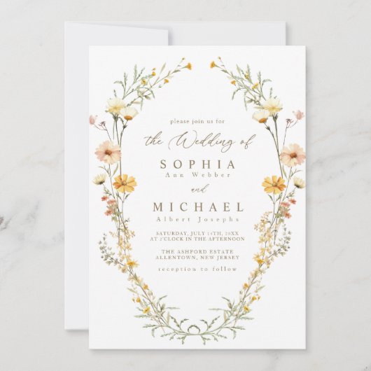 Invitation Elégant Mariage Fleur sauvage couleur jaune pâle (Devant)