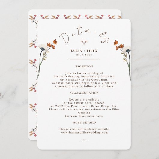 Invitation Elégant Mariage Fleur sauvage Infor Detail Card (Devant / Derrière)