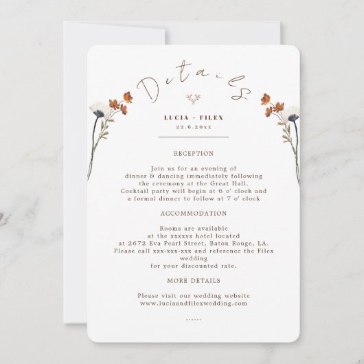Invitation Elégant Mariage Fleur sauvage Infor Detail Card (Devant)