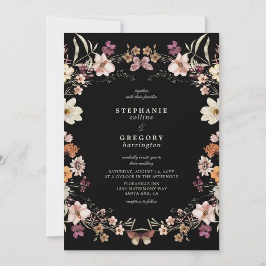 Invitation Élégant Mariage Fleur sauvage noir (Devant)