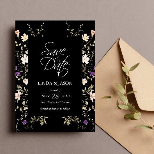 Invitation Élégant Mariage Fleur sauvage Noir Enregistrer La