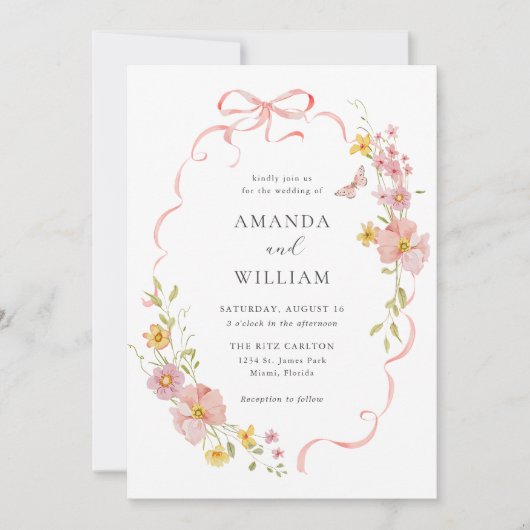 Invitation Élégant Mariage Fleur sauvage rose Bow (Devant)