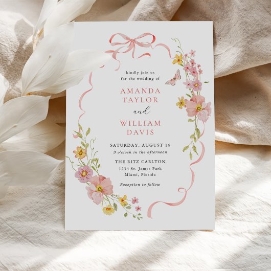 Invitation Élégant Mariage Fleur sauvage rose Bow