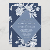 Invitation Élégant Mariage fleuri bleu périphérique (Devant / Derrière)