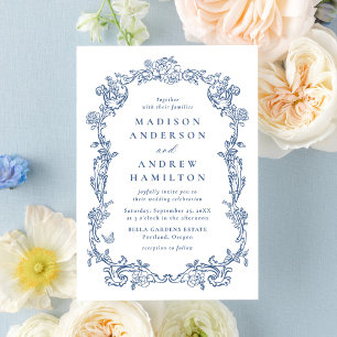 Invitation Élégant Mariage Fleuriste Victorien Bleu Français