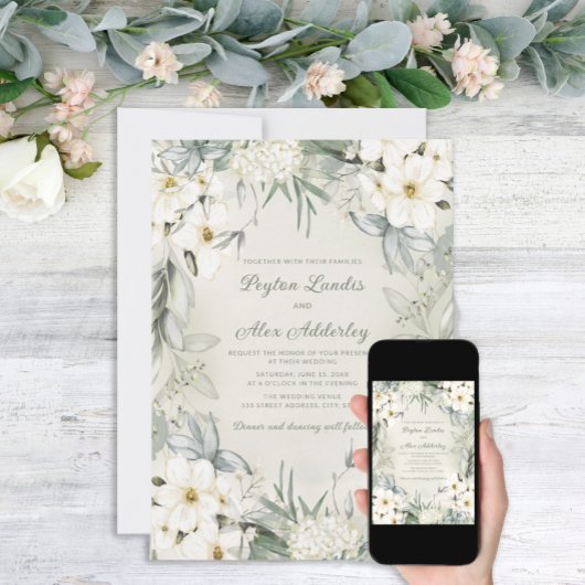 Invitation Élégant Mariage Fleurs Blanches Feuilles Vert Saug