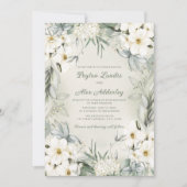 Invitation Élégant Mariage Fleurs Blanches Feuilles Vert Saug (Devant)