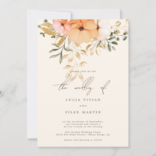 Invitation Élégant Mariage Fleurs Dorées d'Automne (Devant)