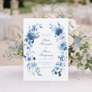 Invitation Élégant mariage floral aquarelle bleu poussiéreux