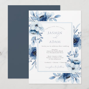 Invitation Élégant mariage floral aquarelle bleue