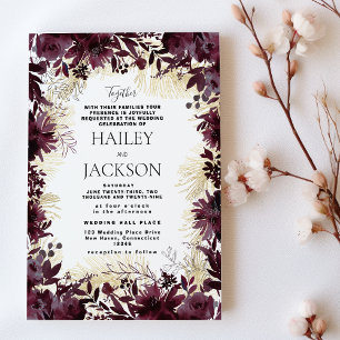 Invitation Élégant mariage floral aquarelle bordeaux or