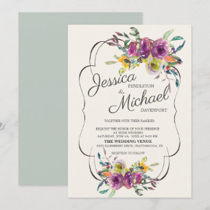 Invitation Élégant mariage floral aquarelle jaune et violet