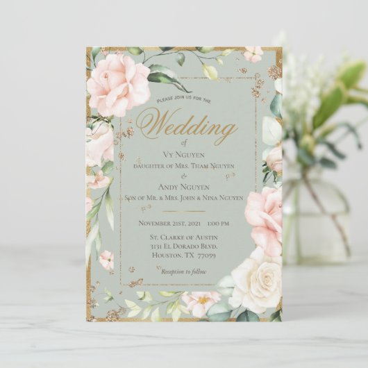 Invitation Élégant mariage floral aquarelle vert rose (Debout devant)