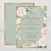 Invitation Élégant mariage floral aquarelle vert rose (Devant / Derrière)