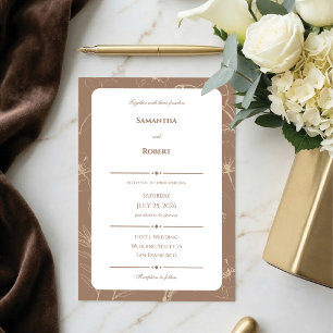 Invitation Élégant Mariage Floral Art Linéaire Mocha