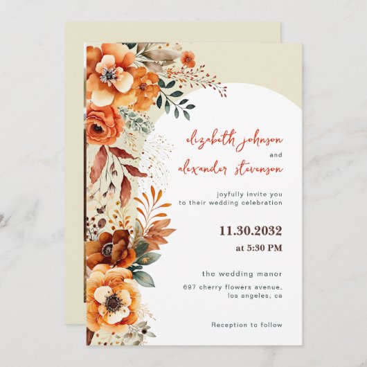 Invitation Élégant mariage floral automnal 1 photo (Devant / Derrière)