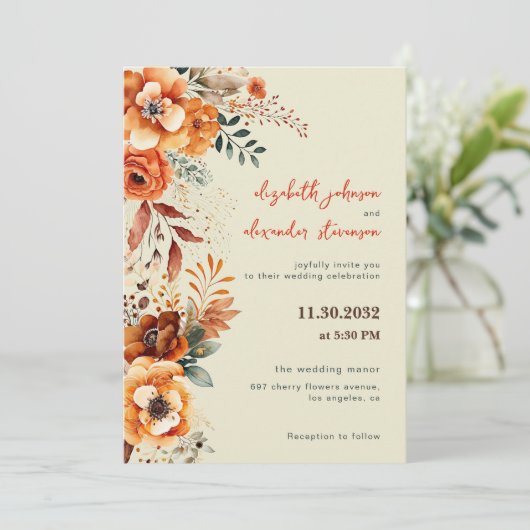 Invitation Élégant mariage floral automnal 1 photo (Debout devant)