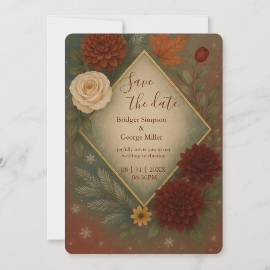 Invitation élégant mariage floral automne enregistrer la date (Devant)