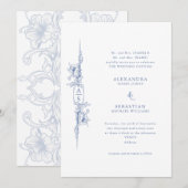 Invitation Elégant Mariage Floral Baroque bleu français (Devant / Derrière)