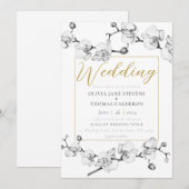 Invitation Élégant Mariage Floral Black White Gold moderne (Devant / Derrière)