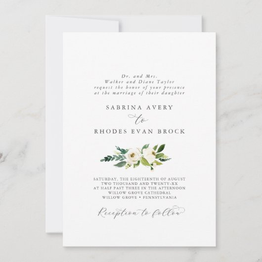 Invitation Élégant Mariage Floral Blanc (Devant)