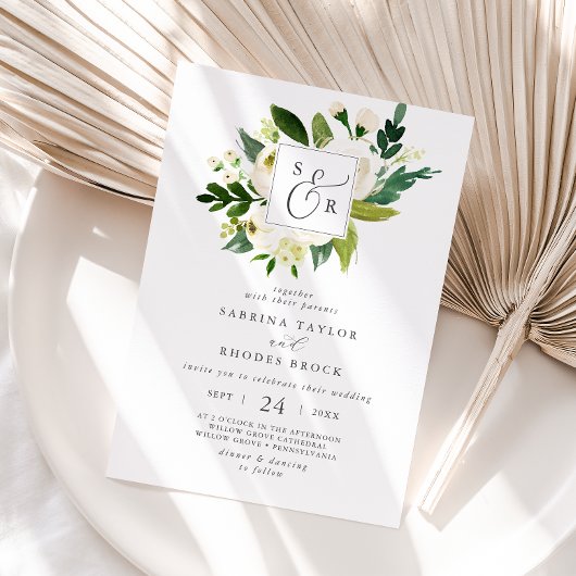 Invitation Élégant Mariage Floral Blanc