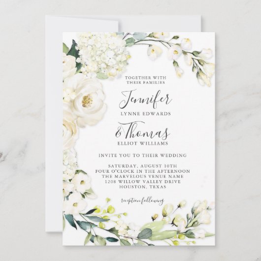 Invitation Élégant Mariage floral blanc avec code QR (Devant)