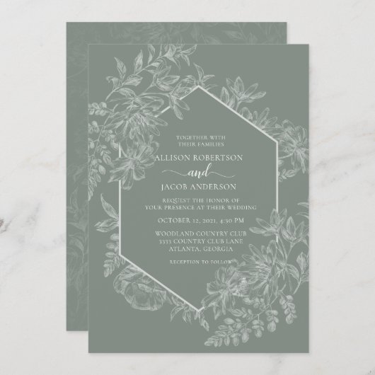 Invitation Élégant Mariage floral blanc blanc vert Sage (Devant / Derrière)
