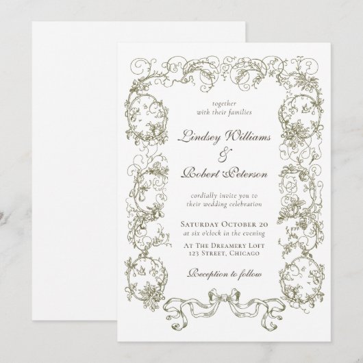 Invitation Elégant Mariage floral blanc blanc Vintage (Devant / Derrière)