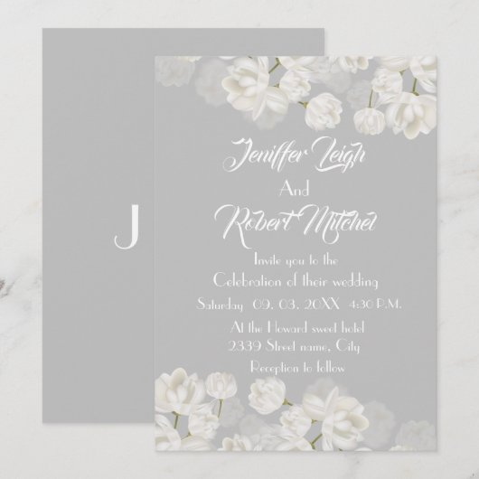 Invitation Élégant mariage floral blanc et argenté (Devant / Derrière)