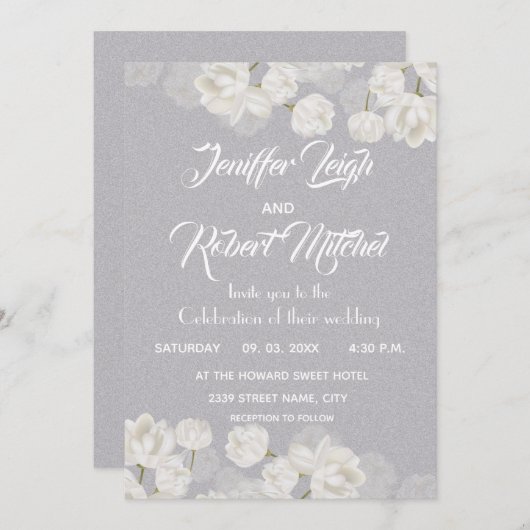 Invitation Élégant mariage floral blanc et argenté (Devant / Derrière)