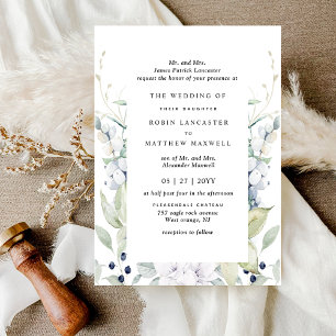 Invitation Élégant Mariage Floral Blanc et Bleu