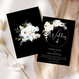 Invitation Élégant Mariage Floral Blanc Hiver en Noir