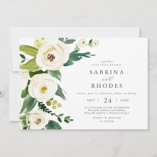 Invitation Élégant Mariage floral blanc horizontal (Devant)