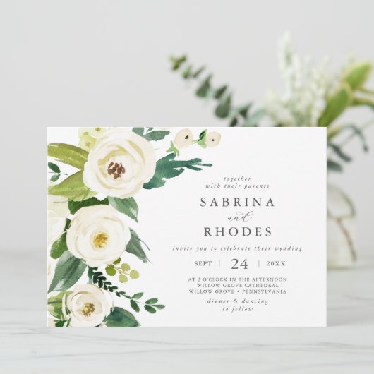 Invitation Élégant Mariage floral blanc horizontal (Debout devant)