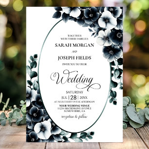 Invitation Élégant Mariage Floral Blanc Noir